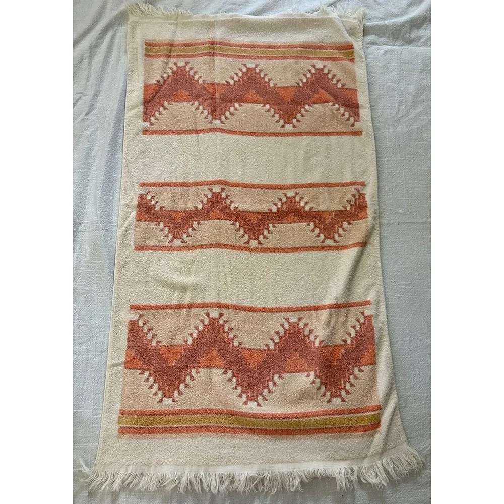 Vintage Bath Towel Cream Rust Gold Orange Southwest Aztec Print Retro Fringe
